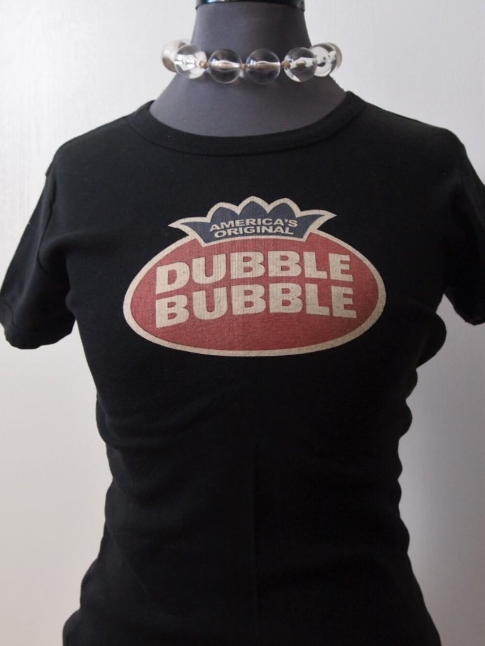 Vintage Double Bubble Gum Fitted Stretch BabyTee Top Black Crew Neck Youth XL - Picture 2 of 4
